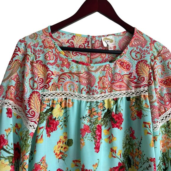 Fig & Flower Women Top S Turquoise Floral Boho Cottage Grandma Peasant Hippie‎ - Picture 10 of 11